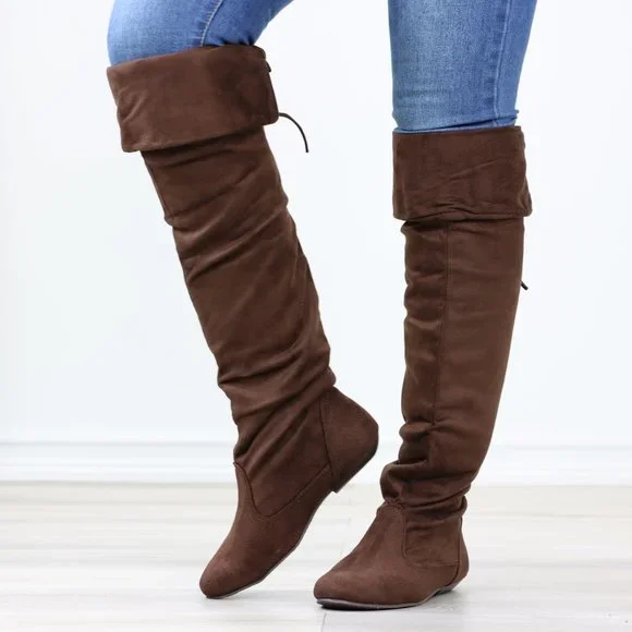Fold Over Brown Thigh High Over The Knee Flat No Heel Boots Faux Suede Pointed - Picture 12 of 14